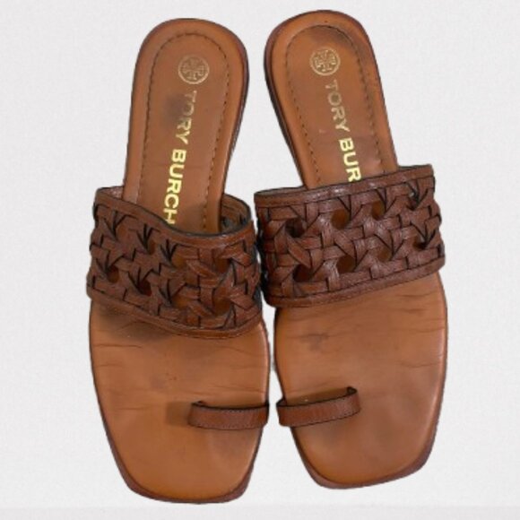 Tory Burch Leather Basket Weave Toe Ring Slides Flat Sandals Size 9 - Picture 1 of 8